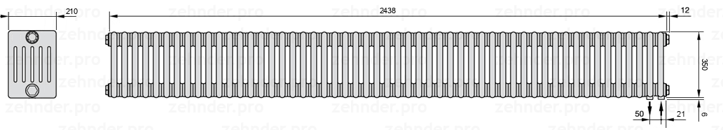 Схема (чертеж) Радиатор Zehnder Charleston 6035/53 №5510 Белый глянцевый RAL 9016